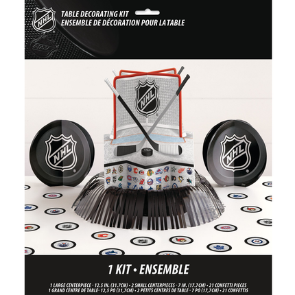 NHL table decorating kit packaging with centerpieces and pucks on a branded surface.