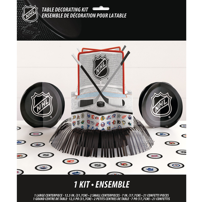 NHL table decorating kit packaging with centerpieces and pucks on a branded surface.