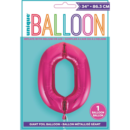 Hot Pink 0 Number Foil Balloon 34"