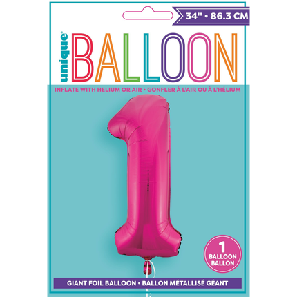 Hot Pink 1 Number Foil Balloon 34"