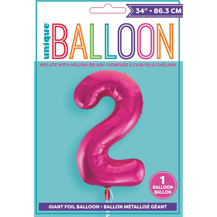 Hot Pink 2 Number Foil Balloon 34"