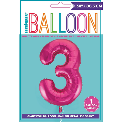 Hot Pink 3 Number Foil Balloon 34"