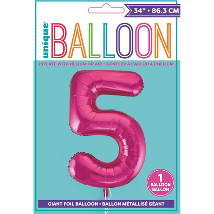 Hot Pink 5 Number Foil Balloon 34"