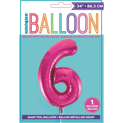 Hot Pink 6 Number Foil Balloon 34"