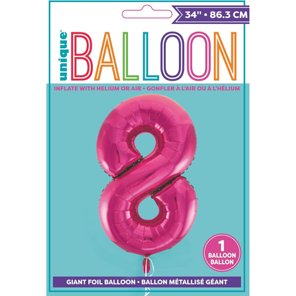 Hot Pink 8 Number Foil Balloon 34"
