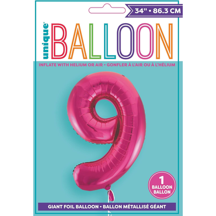 Hot Pink 9 Number Foil Balloon 34"