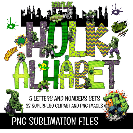 Hulk Doodle Alphabet Letters PNG Bundle Instant Download