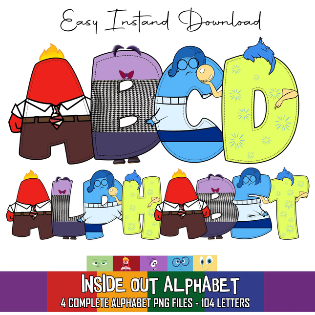 Inside Out 2 Doodle Alphabet Letters PNG Bundle Instant Download