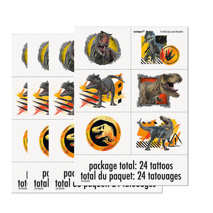 Jurassic World™ 3 Temporary Tattoos – 4 Sheets, 24 Tattoos