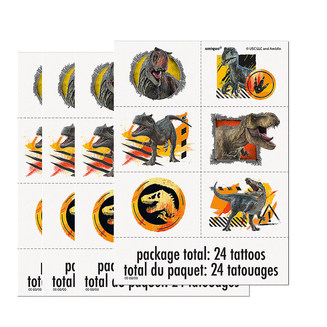 Jurassic World™ 3 Temporary Tattoos – 4 Sheets, 24 Tattoos
