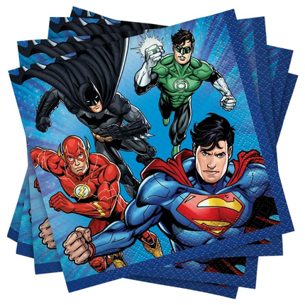 Superhero-themed party napkins featuring Superman, Batman, and others on a blue background.