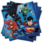 Superhero-themed party napkins featuring Superman, Batman, and others on a blue background.