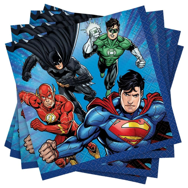 Superhero-themed party napkins featuring Superman, Batman, and others on a blue background.