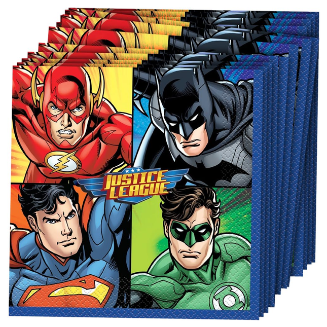 Set of Justice League-themed napkins featuring superhero characters.