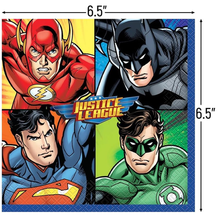 Four superhero characters from Justice League with dimensions indicated.