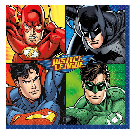 Four superhero characters from Justice League on a colorful background