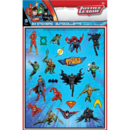 Justice League sticker pack with superhero characters on a blue background