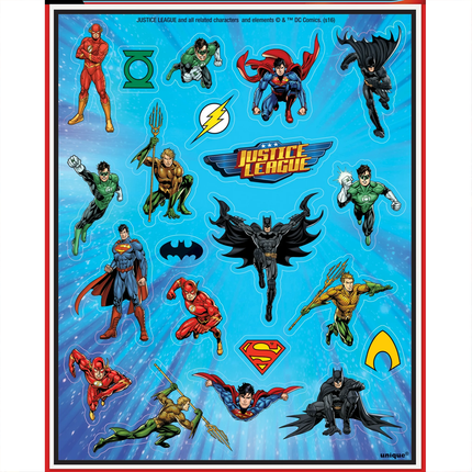 Justice League characters and logos on a blue background