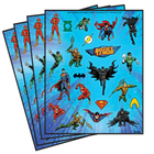 Four sheets of Justice League stickers with characters and logos on a blue background