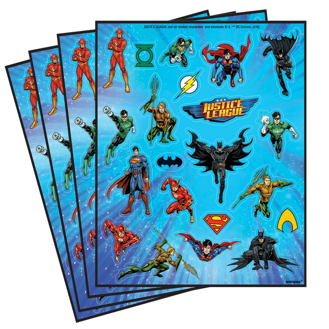Four sheets of Justice League stickers with characters and logos on a blue background