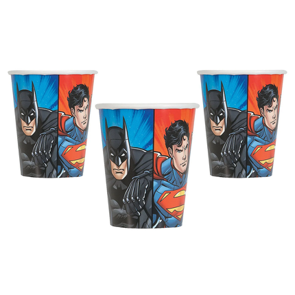 Superhero-themed paper cups with Batman and Superman on a white background