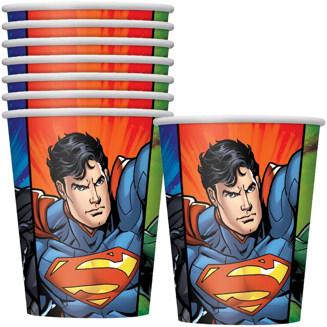Superman-themed paper cups with colorful design on a white background