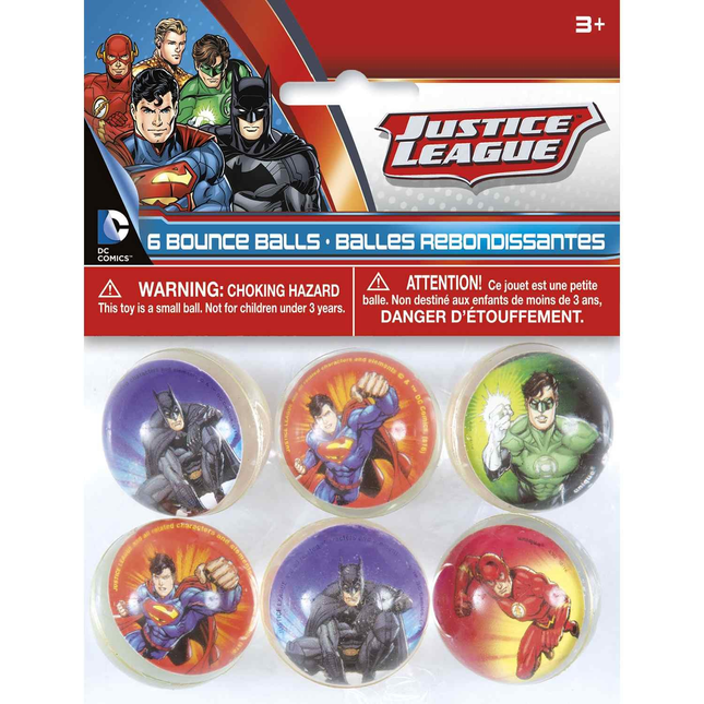 Justice League bounce balls packaging with characters and warning label.