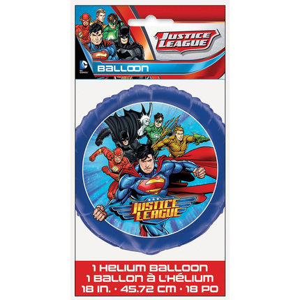Justice League helium balloon packaging with superhero characters on a white background