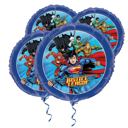 Four Justice League-themed balloons with superhero characters on a white background