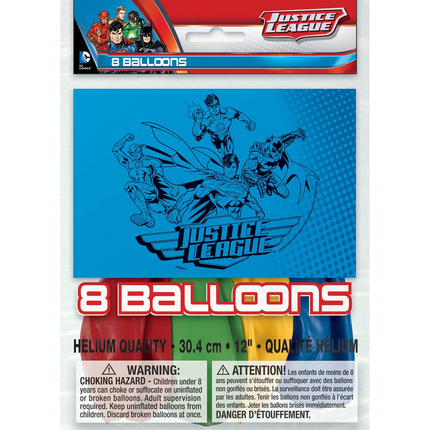 Justice League balloon package with superhero graphics on a blue background