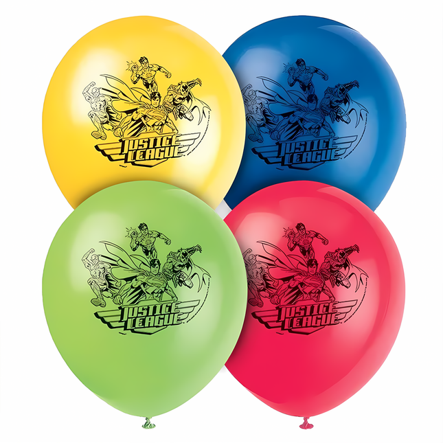 Four Justice League-themed balloons in yellow, blue, green, and red on a white background.