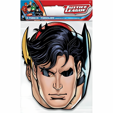 Superhero mask packaging featuring a character with distinctive hair and facial features, with 'Justice League' branding above.