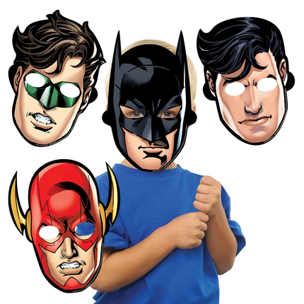 Child wearing a blue shirt with superhero  Justice League masks displayed above