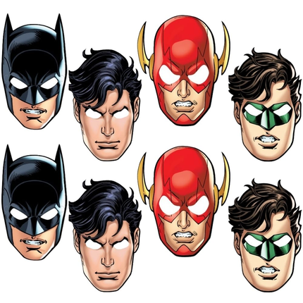 Set of superhero masks including Batman, Flash, and Green Lantern on a white background