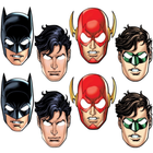 Set of superhero masks including Batman, Flash, and Green Lantern on a white background