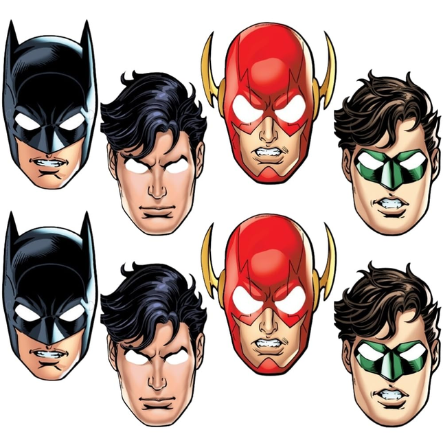 Set of superhero masks including Batman, Flash, and Green Lantern on a white background