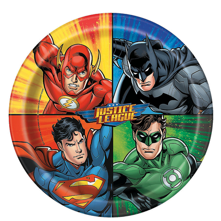 Round plate with four superhero characters from Justice League on a white background