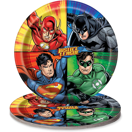Set of paper plates featuring characters from the Justice League on a white background