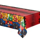 Tablecloth with Justice League superhero characters on a red background