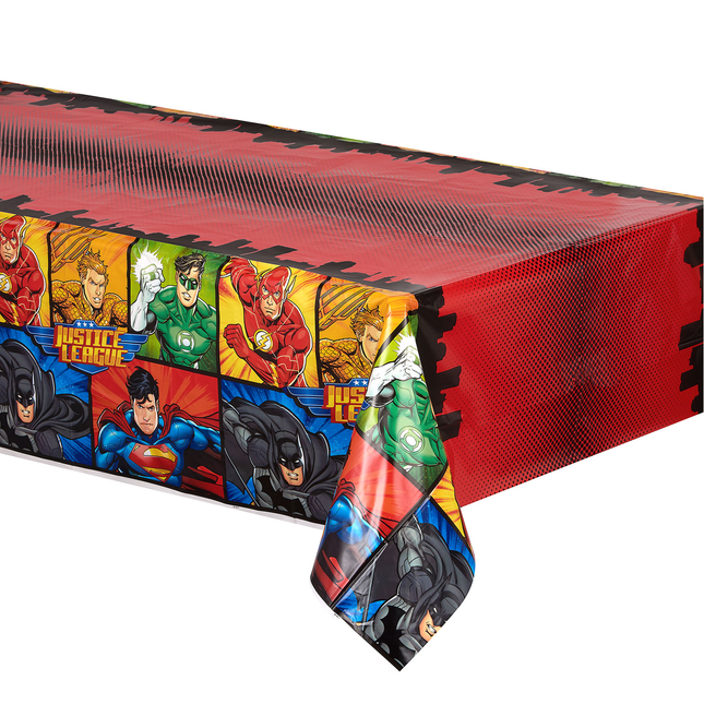 Tablecloth with Justice League superhero characters on a red background