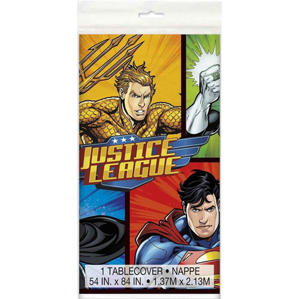 Justice League tablecover with superhero characters on packaging