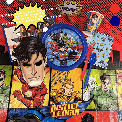 Superhero-themed party supplies including plates, cups, and utensils with Justice League characters on a colorful background.