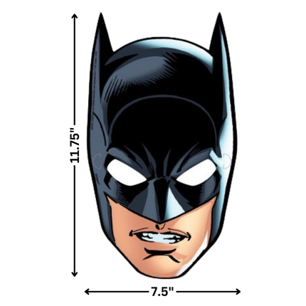 Batman mask with dimensions on a white background