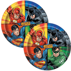 Two paper plates featuring characters from Justice League on a white background