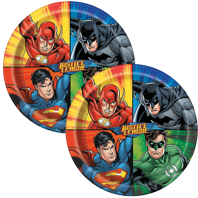 Two paper plates featuring characters from Justice League on a white background