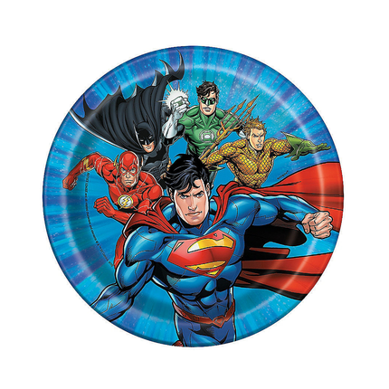 Superhero-themed paper plate with characters including Superman, Batman, and others on a blue background.