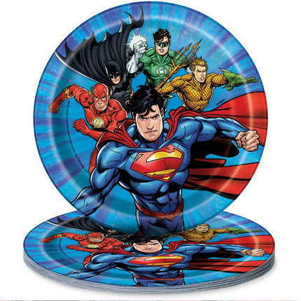 Superhero-themed paper plates with characters on a white background