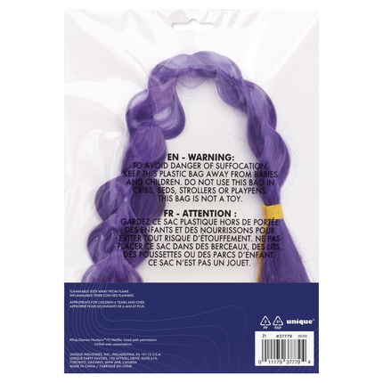 Purple synthetic hair wig in a clear plastic bag with a white header and a dark blue bottom label. The bag has warning text in English and French, and the brand name 'unique' is visible in the bottom right corner.