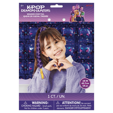 K-POP Demon Hunters braided ponytail hair accessory in retail packaging, featuring a purple header and warning label with a photo of a girl wearing the purple braided hair accessory.