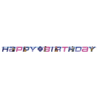 KPop Demon Hunters Happy Birthday Banner horizontal 'HAPPY BIRTHDAY' banner with colorful letters and small printed character photos, shown on a plain white background.